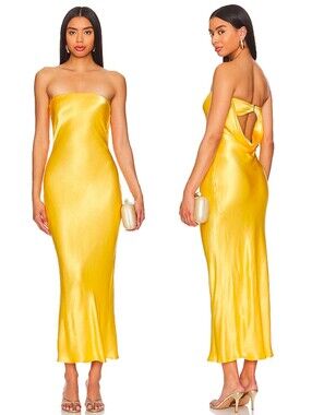 BEC + BRIDGE Yellow Satin Moon Dance Strapless Slip Maxi Dress
